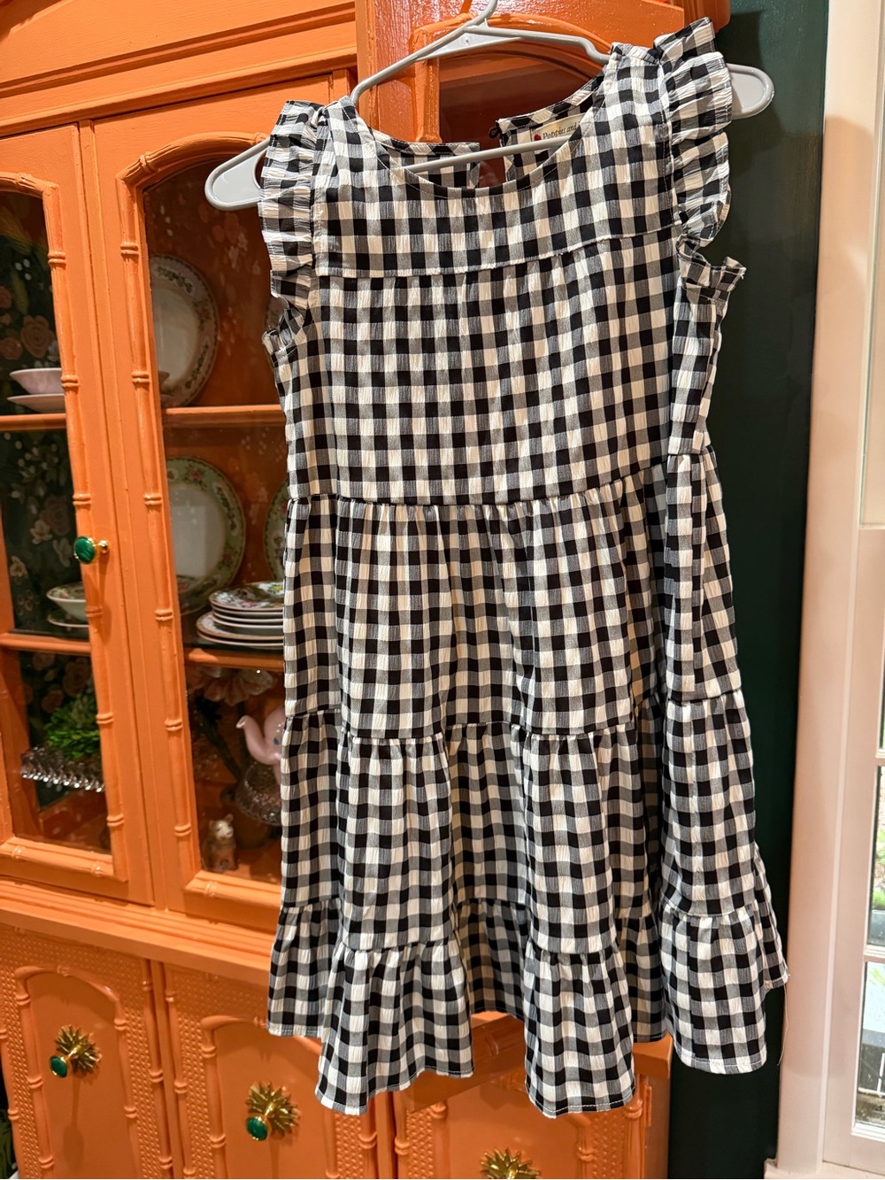 Girls Black & White Gingham Tiered Ruffle Dress